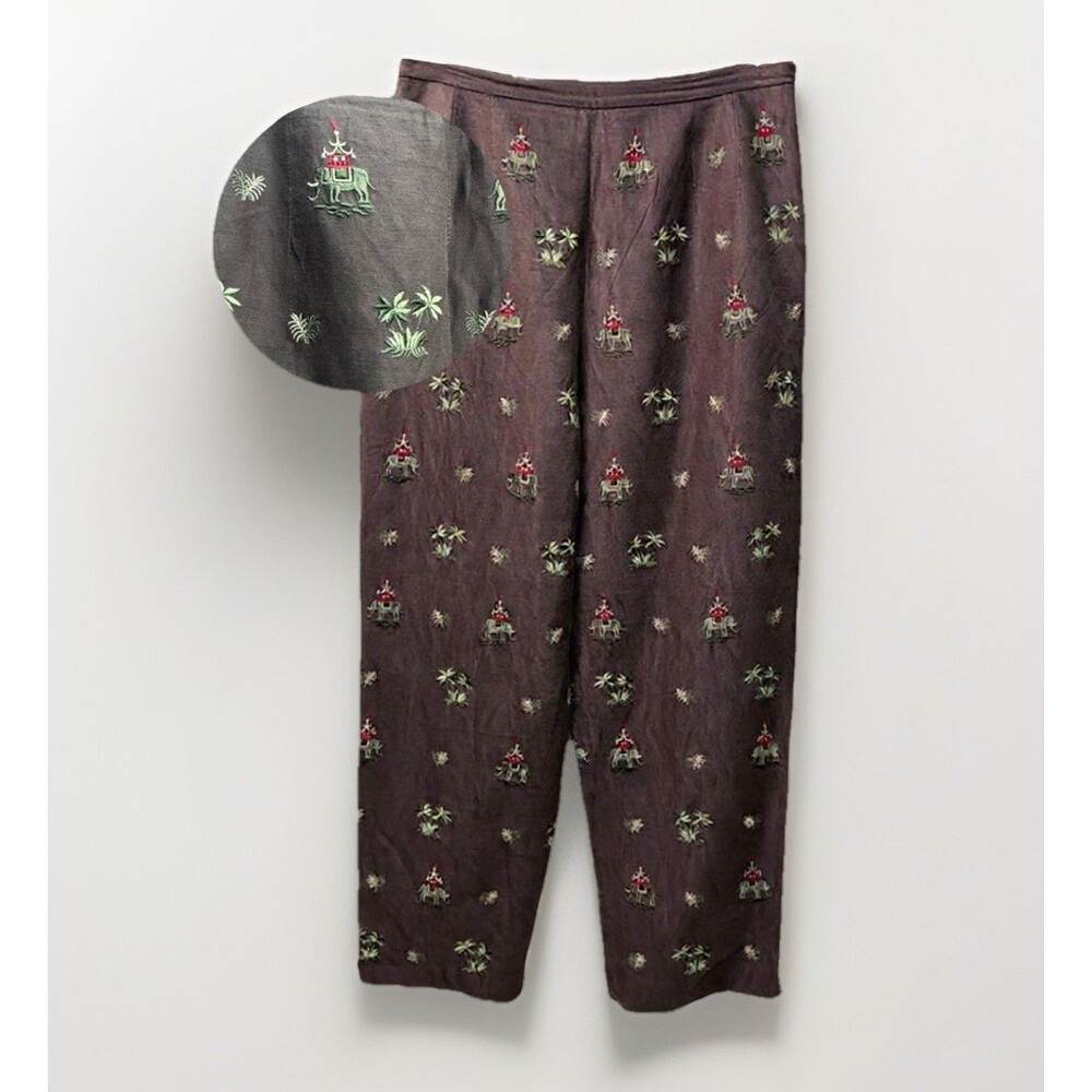 Talbots Petites Brown silk/linen blend cropped Trousers elephants embroidered 6